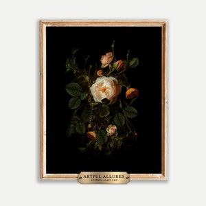 Impresión floral oscura y melancólica vintage / Arte imprimible / Arte en tonos apagados / Arte mural botánico Dark Academia, pintura al óleo floral de bodegón / PA42