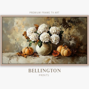 Autumn Hydrangea Still Life: Vintage Pumpkin Art for Samsung Frame TV (Digital Download).
