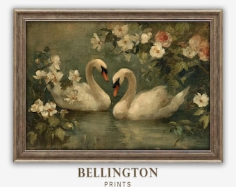 Vintage Swan Print: Romantic Cottagecore Floral Oil Painting (Digital Download