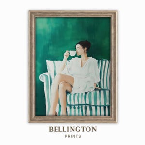 Relaxed Woman Drinking Coffee Contemporary Artwork Printable, Cozy Home Decor Wall Art, Digital Download,Minimalist Coffee Lover&#39;s Art PA207