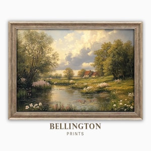 Vintage Cottage Landscape Art, Rustic River Scene Wall Print, Floral Field Artwork, Antique Style Country House Painting, Printable Decor