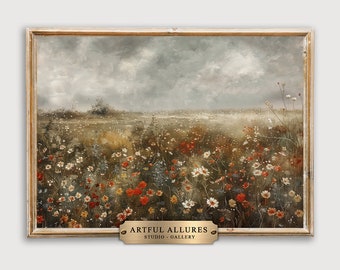 Peinture vintage champ de fleurs sauvages : art du paysage de la ferme (téléchargement numérique imprimable)
