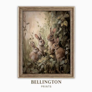 Muted Rabbits in Spring Print Vintage Style Bunny Wall Art Easter Cozy Cottage Spring Decor Bunny Wall Art Digital Download PA234