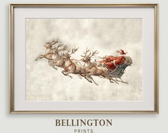 Vintage Santa Sleigh Ride Print: Christmas Reindeer Wall Art (Digital Download)