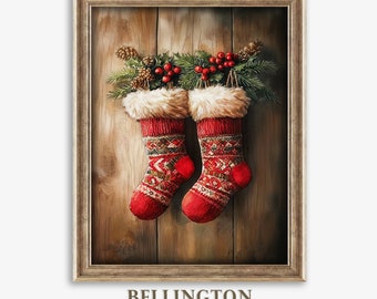 Impresión de medias navideñas vintage: Decoración navideña rústica (descarga digital)