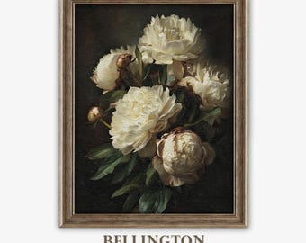 Vintage Peony Oil Painting Print: Elegant White Floral Art (Digital Download)