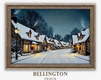 Printable Wall Art, Snowy Village Christmas Print, Cozy Winter Holiday Home Decor