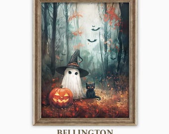 Arte de fantasmas y gatos negros de Halloween: Decoración de pared espeluznante de estilo cottagecore (Descarga digital imprimible)