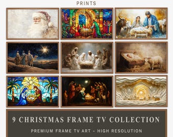Puede incluir: Nueve impresiones artísticas navideñas enmarcadas que representan escenas religiosas, como la Natividad y los Reyes Magos. Las impresiones se muestran en una cuadrícula, con el texto "Bellington Prints" en la parte superior y "9 Christmas Frame TV Collection" en la parte inferior.