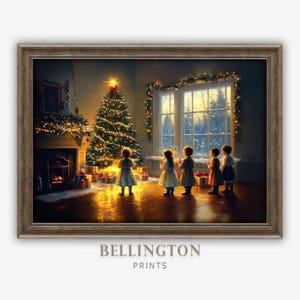 Vintage Children By Christmas Tree Scene Printable Wall Art, Holiday Fireplace Art, Cozy Christmas Night Digital Download Home Decor PA195