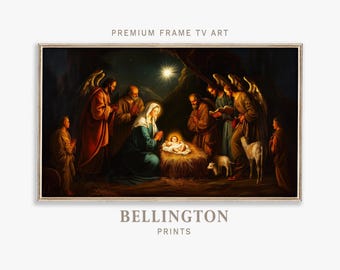 May include: A painting depicting the Nativity scene with a group of people gathered around a manger where a baby lies. The scene is illuminated by a bright star above. The painting is framed in a gold frame.