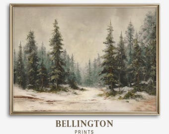 Winter Forest Oil Painting Printable, Snowy Pine Landscape Print, Rustic Cabin Decor | Digital Download