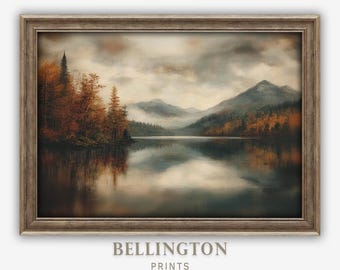 Rustic Fall Lake Landscape Art Print: Adirondack Mountain Painting(Digital Download Printable)
