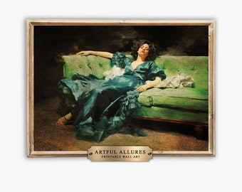 Impressão artística de mulher vitoriana: decoração verde esmeralda sombria (download digital para impressão)
