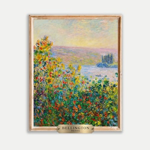 Macizos de flores en Vétheuil, óleo, arte mural de Claude Monet, estampado floral primaveral, paisaje francés, vista al mar, pintura famosa, PA55