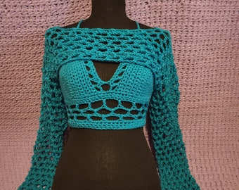 Crochet long sleeves shrug with a crocheted bralette