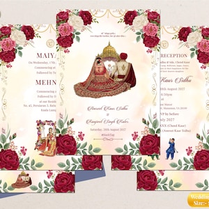 May include: A wedding invitation card with a floral design. The card features illustrations of a couple in traditional attire, along with event details. The color scheme includes red, white, and gold accents. The card is 5x7 inches.