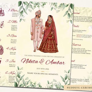 May include: A wedding ceremony program with a couple in traditional Indian dress. The program details the Hindu wedding ceremony, with illustrations and text. The names Nikita & Ambar and the date July 10th, 2026 are also included.