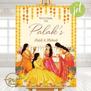 Op de afbeelding: Een welkomstbord voor een bruiloft op een ezel. Het bord toont de tekst "Welcome to Palak's Haldi & Mehndi" met illustraties van vrouwen in traditionele Indiase kleding. Het bord is versierd met bloemenslingers en een bloemenrand.