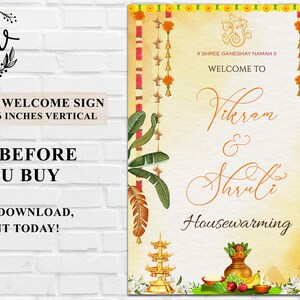 May include: A vertical wedding welcome sign with the text "Wedding Welcome Sign" and dimensions of 18x24 and 24x36 inches. The sign features floral and decorative elements, with the names "Vikram & Shruti" and the word "Housewarming".