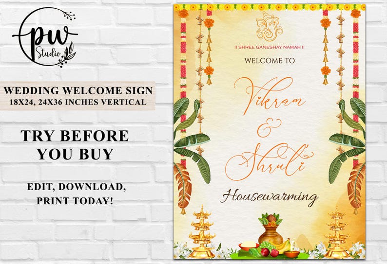 May include: A vertical wedding welcome sign with the text "Wedding Welcome Sign" and dimensions of 18x24 and 24x36 inches. The sign features floral and decorative elements, with the names "Vikram & Shruti" and the word "Housewarming".