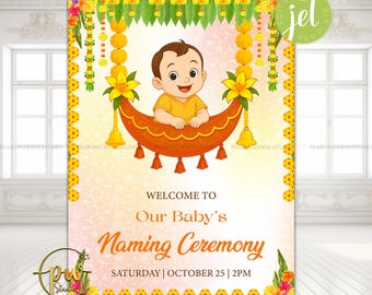 Cradle ceremony sign Baby Naming ceremony welcome sign, Namkaran Sanskar sign & Indian baby welcome sign, Noolukettu Barasala Thottil Uyyala