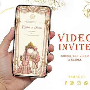 May include: A smartphone displays a wedding invitation with the names "Gagan & Simran" and the date "July 10th, 2026." The invitation features a couple in traditional attire and the text "VIDEO INVITE."