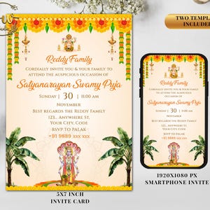 Sri Satyanarayana Pooja Invitation | Editable Satyanarayan Katha Invite | Satyanarayan invitation Indian puja invite DIY, Puja Welcome Sign
