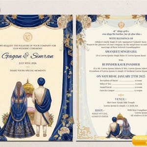 May include: Wedding invitation card with a blue and gold design. The card features the names "Gagan & Simran" and the date "July 10th, 2026". The card is 5x7 inches and includes event details and RSVP information.