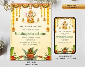 Gruhapravesham invitation & Grihapravesh invite, Indian Housewarming invitation as Indian Pooja invite, Gruhapravesam invite Puja invitation