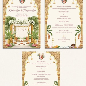 May include: Elegant wedding invitation suite with gold ornate frames and floral illustrations. The suite includes three cards with event details, names, and dates. The text includes the names Krishna Iyer & Nirupama Iyer, Madhupreetha & Siddharth.