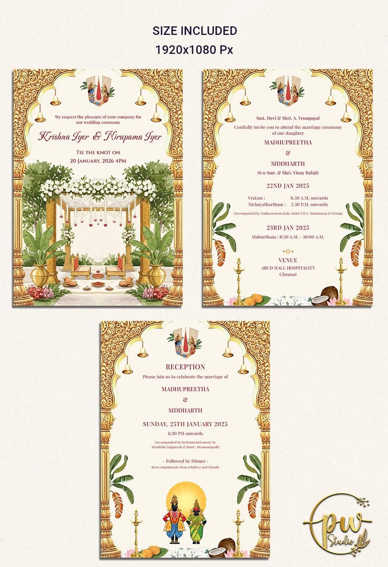 May include: Elegant wedding invitation suite with gold ornate frames and floral illustrations. The suite includes three cards with event details, names, and dates. The text includes the names Krishna Iyer & Nirupama Iyer, Madhupreetha & Siddharth.