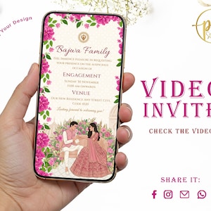 May include: A smartphone displaying a pink and gold engagement invitation. The invitation features floral accents, the text "Bajwa Family," and event details. The phone also displays the words "Video Invite" and social media icons.