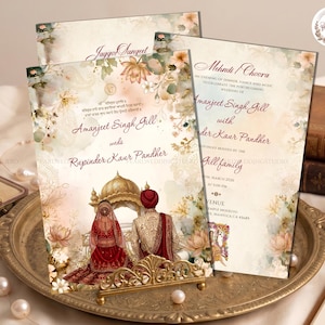 Könnte beinhalten: Ein Hochzeitseinladungsset mit einer Aquarellillustration eines Paares in traditioneller Kleidung. Der Text enthält die Namen Amanjeet Singh Gill und Rupinder Kaur Pandher sowie Veranstaltungsdetails für Mehndi, Choora und Jaggo Sangeet.