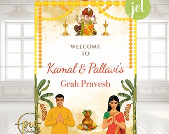 Cartello di benvenuto indiano Grah Pravesh come cartello Griha Pravesham / Cartello di benvenuto tradizionale per inaugurazione della casa / Decorazioni per inaugurazione della casa / Download digitale