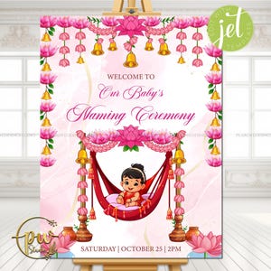 Cartel de bienvenida para la ceremonia de nombramiento del bebé Cartel de la ceremonia de la cuna, cartel de Namkaran Sanskar y cartel de bienvenida para el bebé indio, Noolukettu Barasala Thottil Uyyala