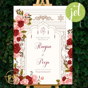 Wedding welcome sign | wedding welcome sign template | Watercolor flower | Hindu Sign | Red,pink and green florals