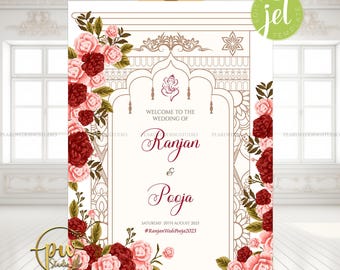 Wedding welcome sign | wedding welcome sign template | Watercolor flower | Hindu Sign | Red,pink and green florals
