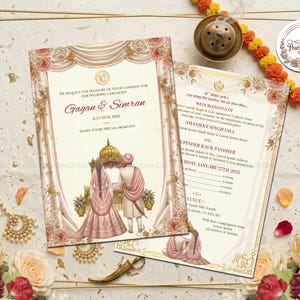 May include: Elegant wedding invitation featuring a couple in traditional attire, with the names "Gagan & Simran" and the date "July 10th, 2026". The design includes floral and gold accents, and the text "Share Yours Special Moments".