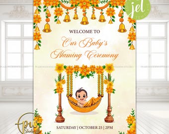 Cradle ceremony welcome sign Baby Naming ceremony sign Indian baby naming, Annaprasan welcome sign & Naamkaran Sanskar sign Baby cradle sign