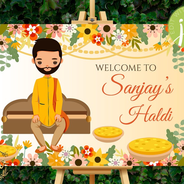 Haldi decoration as Haldi decor signs Groom Boy Haldi posters & Groom Haldi signs, Welcome to Haldi Sign for boy as Haldi Welcome Signs Boy