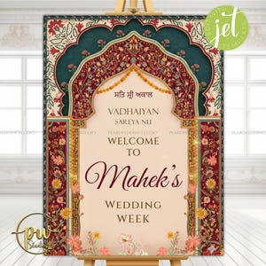 May include: A decorative wedding sign on an easel. The sign features a floral design with burgundy, teal, and gold accents. The text reads "Welcome to Mahek's Wedding Week."