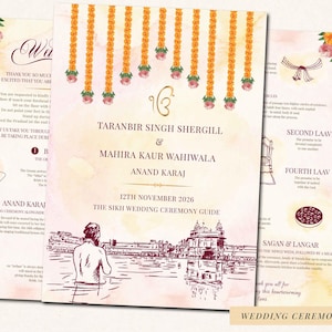 Może przedstawiać: Program ceremonii ślubnej z akwarelowym designem. Program zawiera nazwiska Taranbir Singh Shergill & Mahira Kaur Wahiwala oraz datę 12 listopada 2026 r. Przewodnik zawiera ilustracje i tekst w miękkiej palecie kolorów.