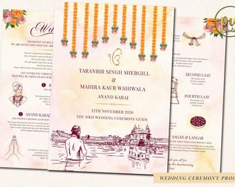 Plantilla de programa de ceremonia de Anand Karaj, Orden de servicio de boda sij, Guía editable de plantilla de programa de boda sij, Guía de Anand Karaj