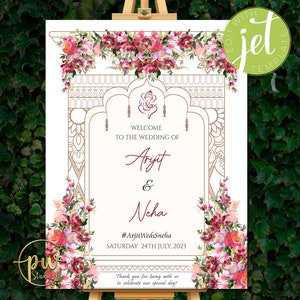 Wedding welcome sign | wedding welcome sign template | peach, pink and green florals | Hindu Sign