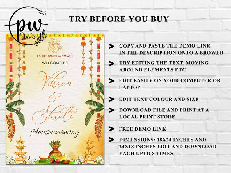May include: A housewarming sign with the names "Vikram & Shruti" in elegant script. The sign features traditional Indian design elements, including floral and leaf motifs, and the text "Welcome To". The sign is 18x24 inches.