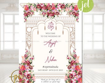 Wedding welcome sign | wedding welcome sign template | peach, pink and green florals | Hindu Sign