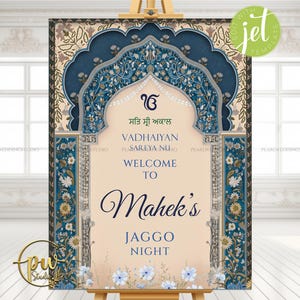 May include: An ornate welcome sign on an easel, with a floral design in blue, beige, and gold. The sign displays the text "Welcome to Mahek's Jaggo Night" in elegant script, suitable for a special event.