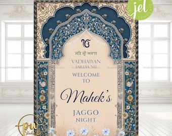 May include: A decorative welcome sign on an easel, featuring a floral and ornate design in shades of blue, beige, and gold. The sign includes text that reads "Welcome to Mahek's Jaggo Night."