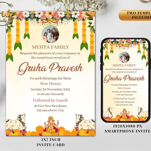 faire-part indien à la cérémonie du Griha Pravesh Carton d'invitation | d'invitation Vastu Puja | Faire-part numérique indien Gruha Pravesh